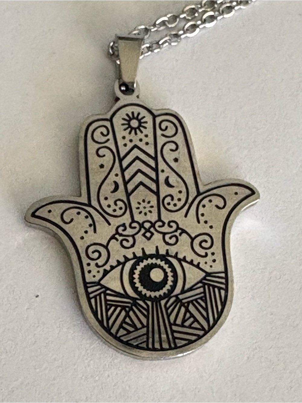 Stainless Steel Silver-Tone Hamsa Hand Pendant Necklace with Eye Motif